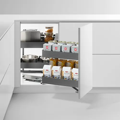 Решение для угловых тумб волшебный уголок encanto magic corner в модуль 900-1000 мм, поворотно выдвижной, правый, серый