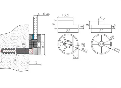 Фурнитура для стекла (Китай) крепление зеркала d22мм, без сверления, хром